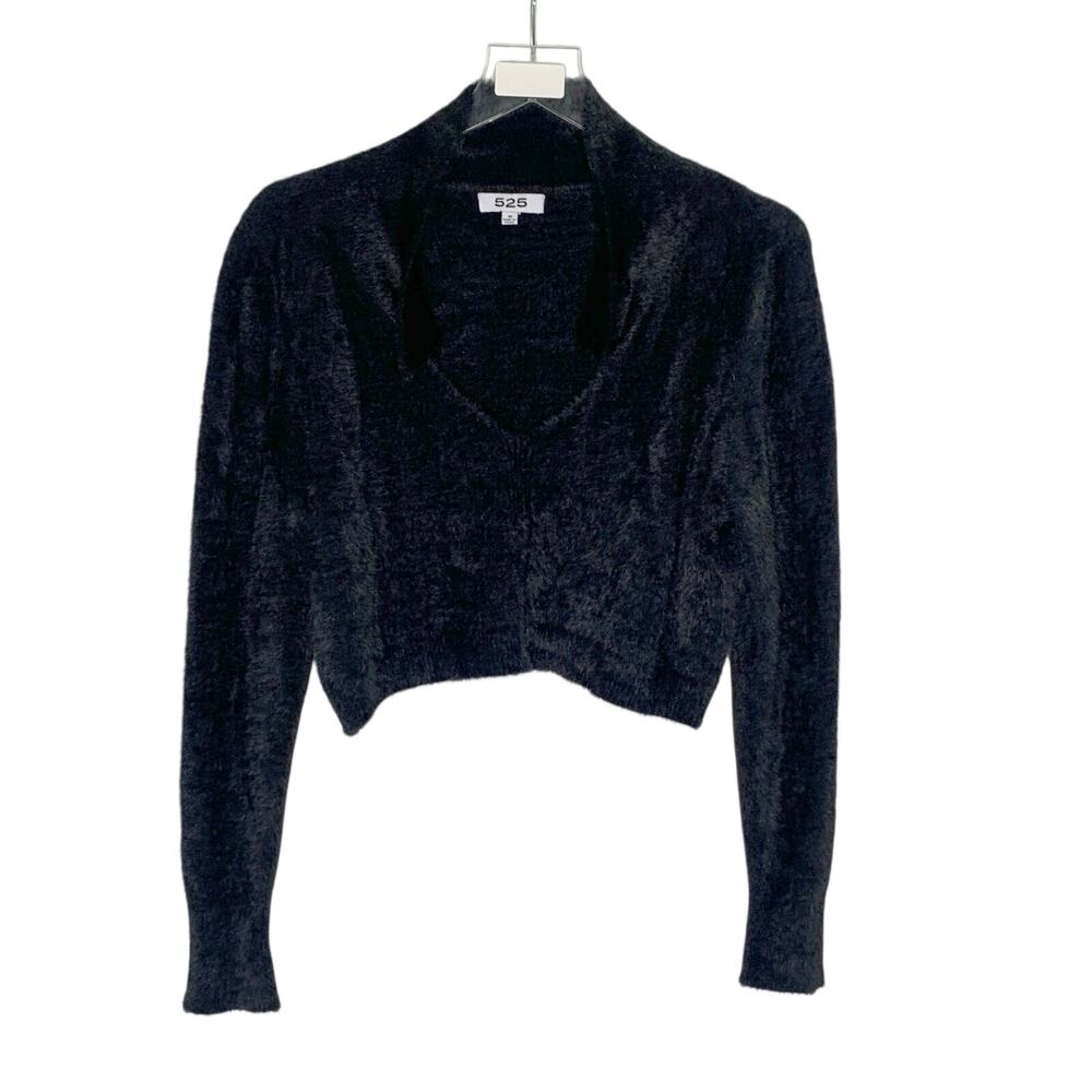 525 America Fuzzy Cropped Sweater M Black Faux Fur Johnny Collar